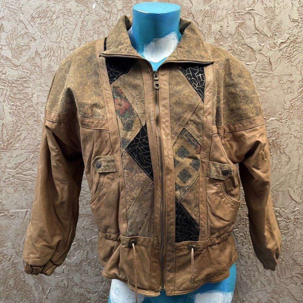 Vintage Adler Leather Jacket Womens M Patchwork Southwestern Boho Abstract 80s